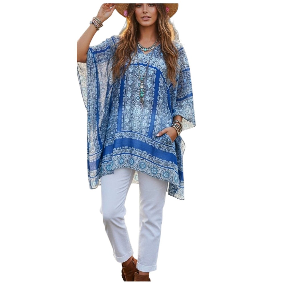 J Jill Tunic Boho Kimono Top V Neck Blue White Paisley Print One Size Festival